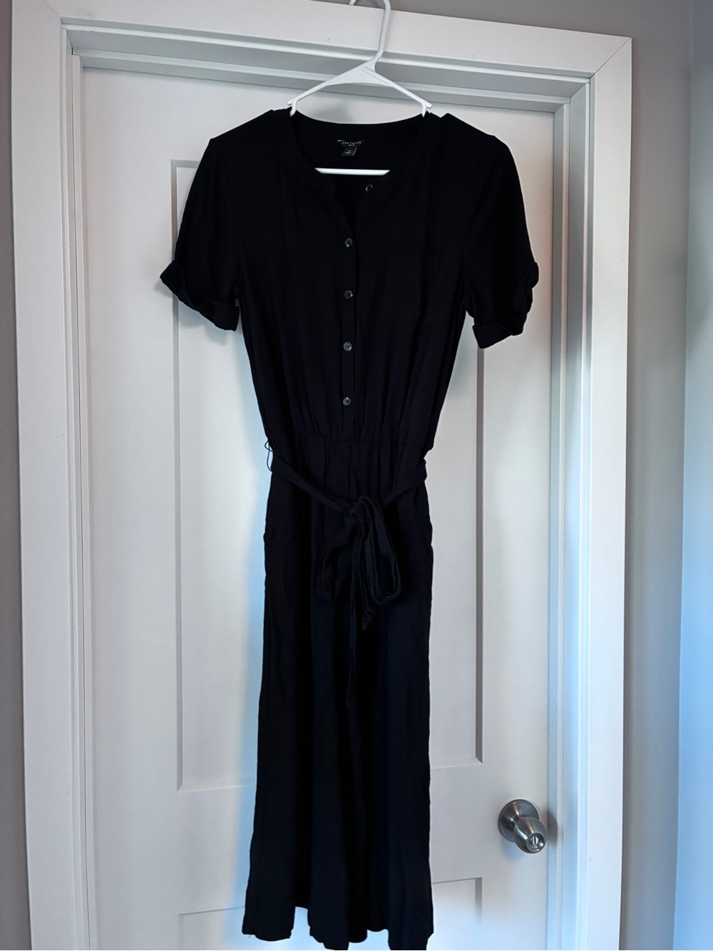 Ann Taylor Black Button-Front Tie-Waist Jumpsuit